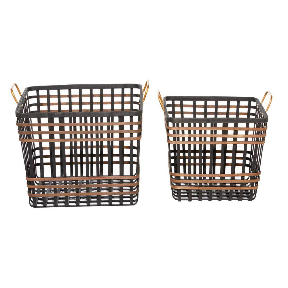 Black and Brown Seagrass Rectangular Storage Baskets with Handles, Set of 2