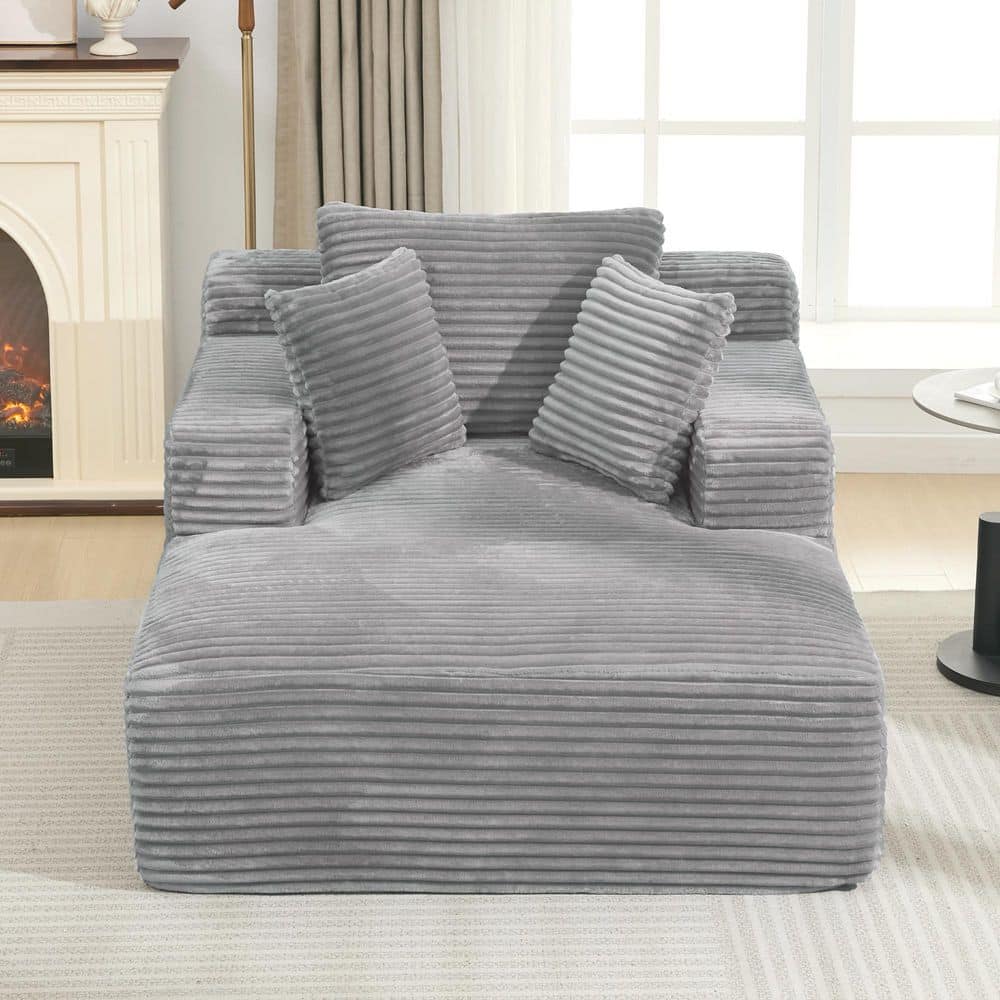 Aaron Aaron Grey Corduroy Upholstered Full-Compressed Chaise Lounge with Removable Pillows