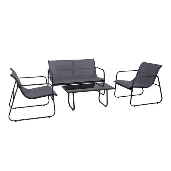 BACKYARD EXPRESSIONS PATIO · HOME · GARDEN 4-Piece Metal Patio Conversation Seating Set Grey Sling Fabric with Black Frame