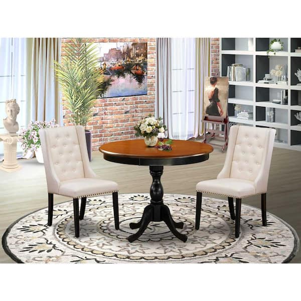 East West Furniture 3-Piece Black and Cherry Finish Solid Wood Top - Button Tufted Dining Room Set - Seats-4