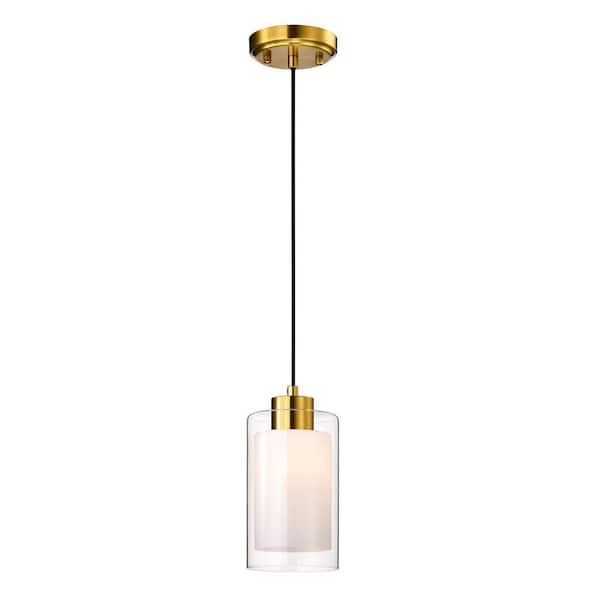 Avenue 1-Light Gold Mini Pendant Light with Clear Glass and White Glass Dual Shades, 4.75 in.
