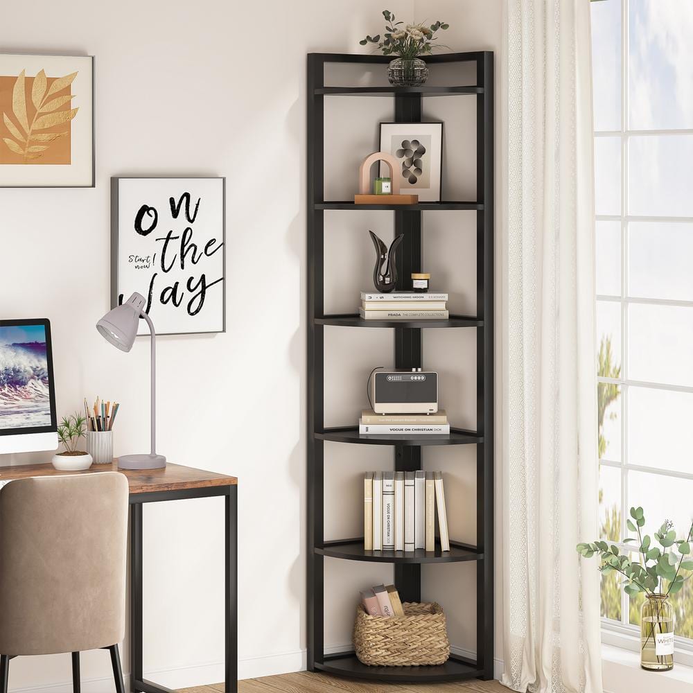 BYBLIGHT Eulas 71 in. Tall Black Engineered Wood 6 Shelf Etagere Bookcase Corner Bookshelf Standing Storage Rack for Living Room BB HL019JH The Home Depot