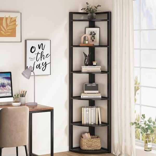 BYBLIGHT Eulas 71 in. Tall Black Engineered Wood 6-Shelf Etagere Bookcase, Corner Bookshelf Standing Storage Rack for Living Room