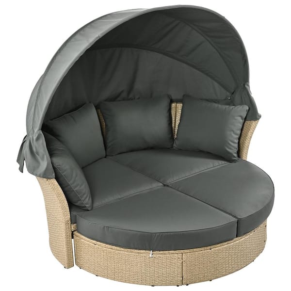 ITOPFOX 2-Pieces Wicker Outdoor Patio Double Day Bed Round Sofa Set with Retractable Canopy and 4 Gray Cushions and Pillows