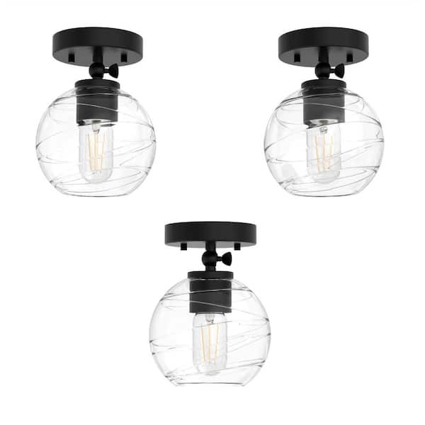 5 in. 1-Light Black Semi-Flush Mount Ceiling Light with Glass Shade, Convertible Pendant Light and Wall Sconce (3-Pack)