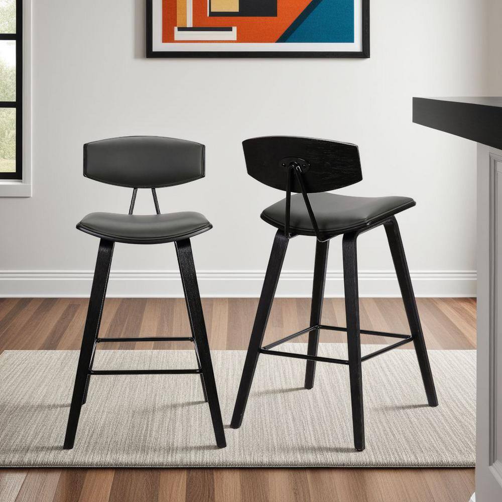 Fox Mid-Century Modern Gray Faux Leather & Brushed Black Wood Barstool