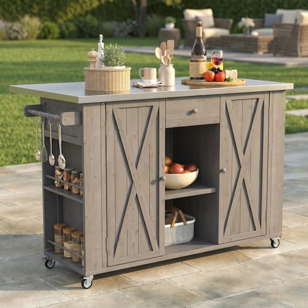Ridstar Grey Wood Outdoor Grill Cart, BBQ Kitchen Cart with