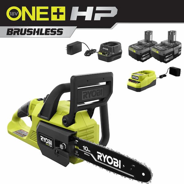 RYOBI ONE+ HP 18V Brushless 10 in. Battery Chainsaw with (2) 4.0 Ah Batteries and (2) Chargers