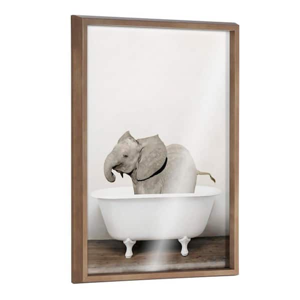 Kate and Laurel Blake Baby Elephant in the Tub Color by Amy Peterson Art Studio Framed Glass Art Print 24 in. x 18 in.