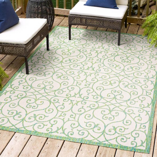 Madrid Vintage Filigree Textured Weave Cream/Green 5 ft. x 8 ft. Indoor/Outdoor Area Rug