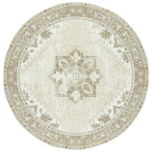 Tuscon Sage/Ivory 5 ft. x 5 ft. Machine Washable Border Distressed Round Area Rug