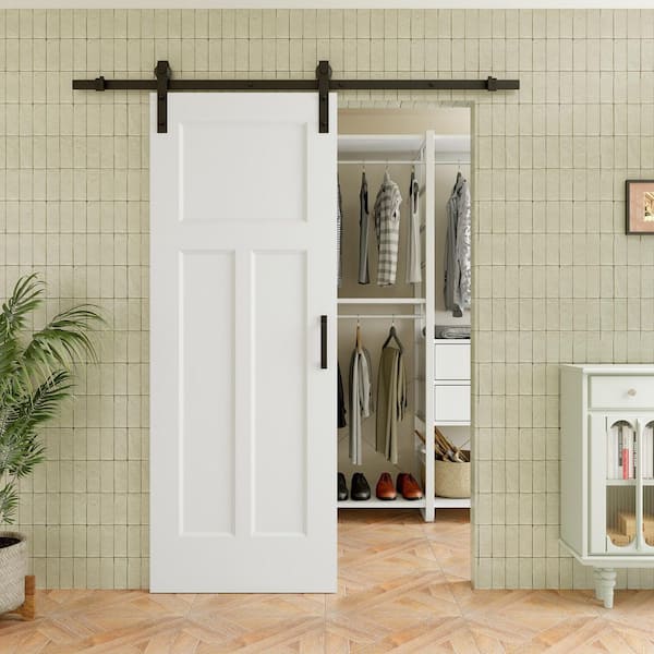 30 in. x 80 in. T Shape 3-Panel Solid Core White Primed MDF Assembly Required Sliding Barn Door with Hardware Kit