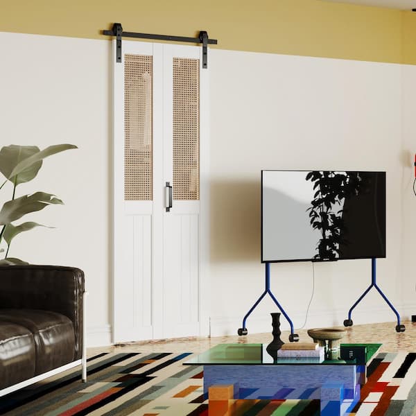 60 in. x 84 in. (30 in. W Doors x 2) White, Webbing & Wood, MDF, Bi-Fold Style Sliding Barn Door with Hardware Kit