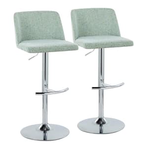 Toriano 33 in. Light Green Fabric and Chrome Metal Adjustable Bar Stool with Rounded T Footrest (Set of 2)