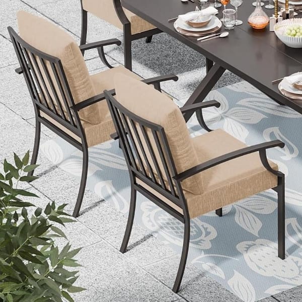 Brown Patio Metal Outdoor Dining/Side/Restaurant Chairs with Modern, Curved Armrests and Sand Cushions (2-Pack)