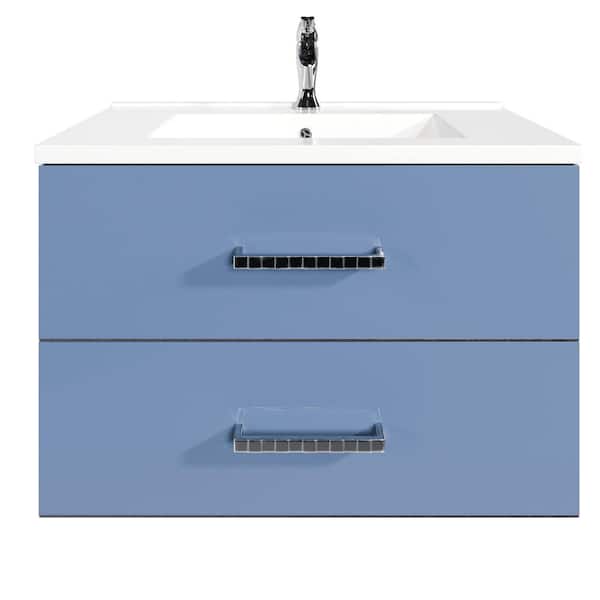 Daytona 32 in. Single Sink Floating Blue Bath Vanity with White Porcelain Top (Assembled)