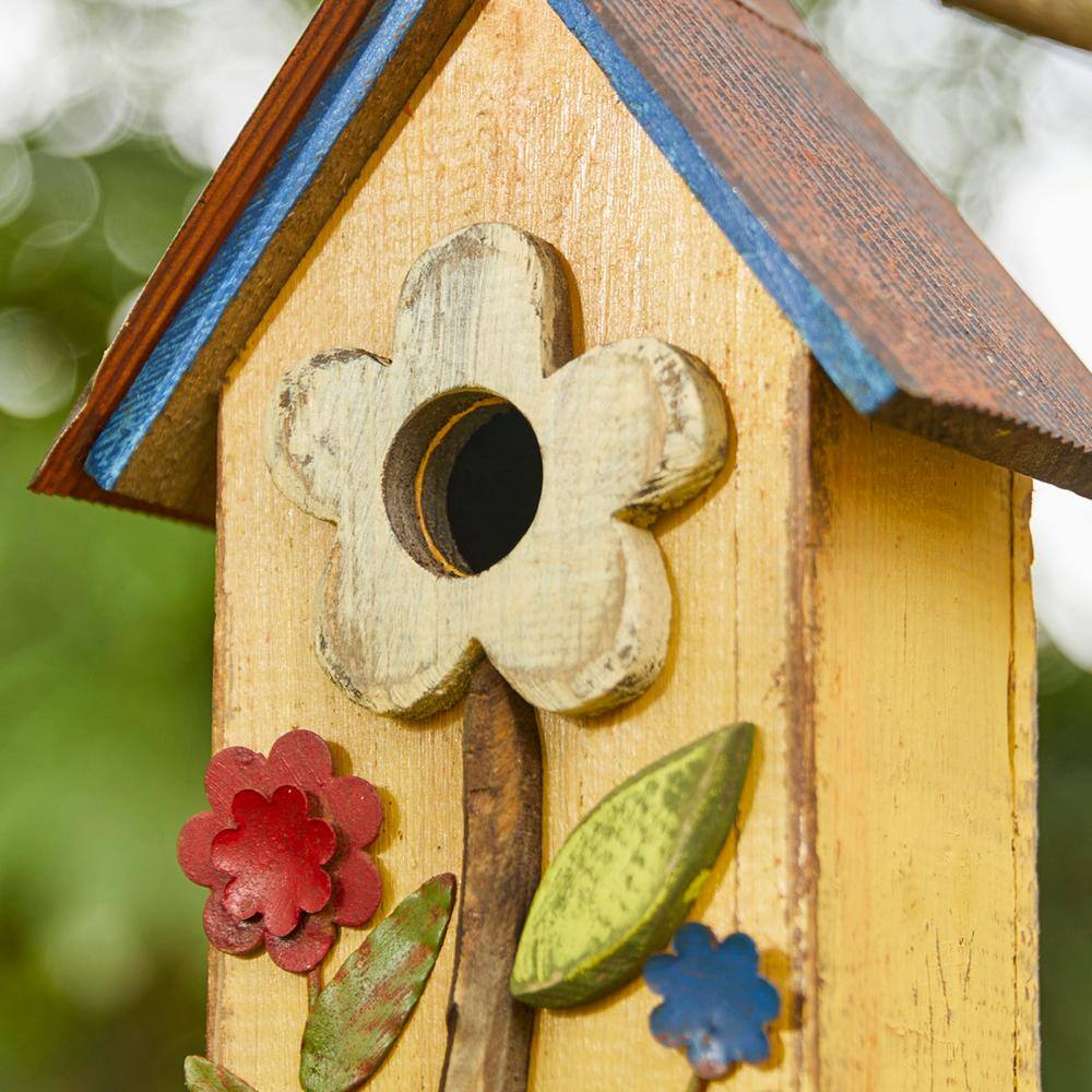 Yellow Distressed Solid Wood Birdhouse with 3D Flowers