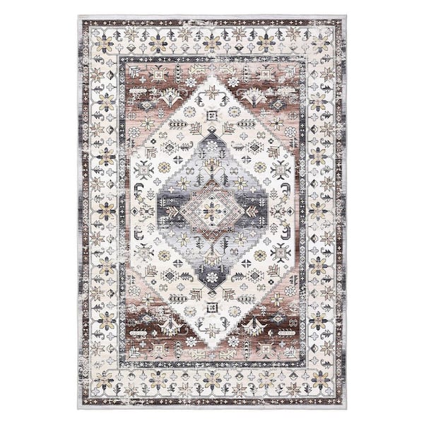 Garvee Vintage Carpet Dark Wine Red 8X10ft Machine Washable Printed Deferred Short Pile Non-slip Rug Soft Foldable Indoor Rug