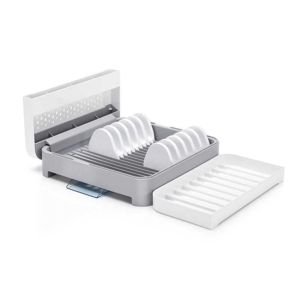 White and Gray Foldable Plastic Countertop Dish Rack with Utensil Cup