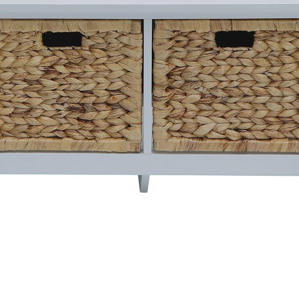 White Wood and Rattan Storage Bench with Drawers