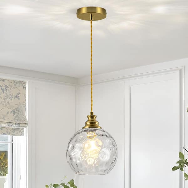 1-Light Brushed Brass Modern Pendant Light for Kitchen Island with Globe Hammered Glass Shade for Dining Room Entryway