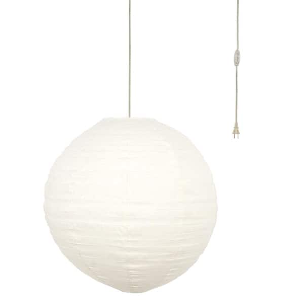 MPG Orb 24 in. 60-Watt 1-Light Ivory Hanging Lantern Pendant-Light with Round Fabric Shade and Silver Plug-in