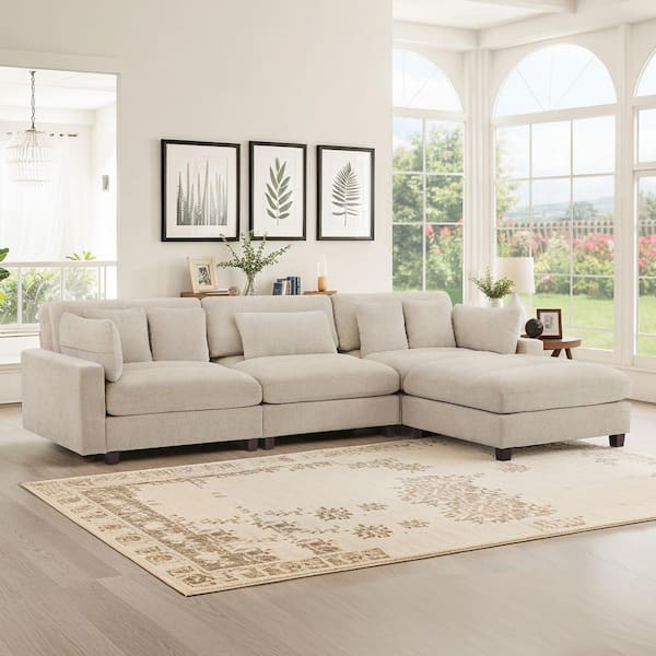 OrangeOne Panner 128 in. Square Arms 4-Piece L-Shape Chenille Sectional Sofa Couch in Light Camel with Moveable Ottoman