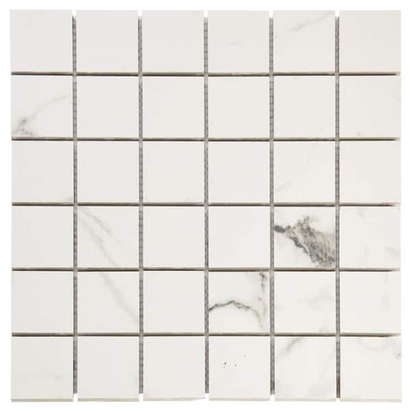 Ivy Hill Tile Saroshi Statuario Venato 4 in. x .33 in. Matte Porcelain Marble Look Floor and Wall Mosaic Tile Sample