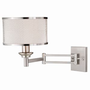 Polk Satin Nickel Plug-In Swing Arm Wall Lamp Gray Linen Drum Shade