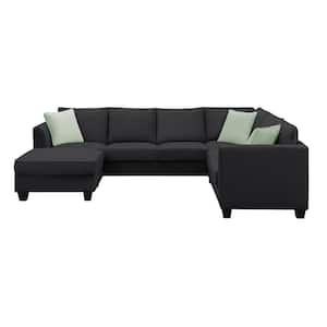 112 in. Square Arm 3-piece L Shaped Polyester Modern Sectional Sofa in Black with Ottoman