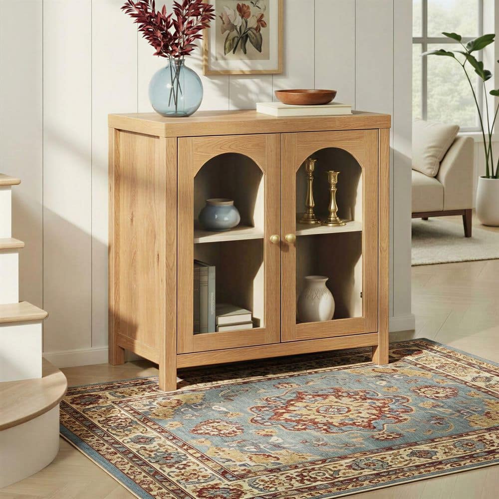 Sasha Black 30 in. H English Oak Modern Arched Glass Accent Cabinet with 2 Shelves and Brass Hardware