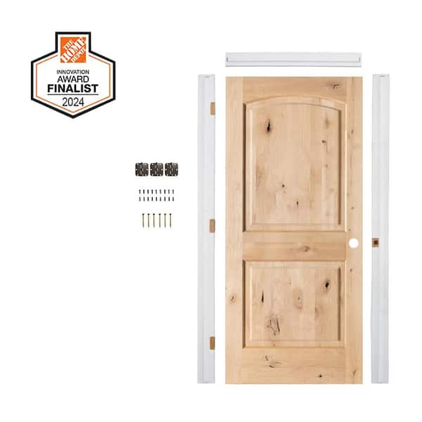 DIY 32 in. x 80 in. Knotty Alder Left-Hand Top Arch Unfinished Wood Single Interior Door Kit w/ Quick Assemble Jamb