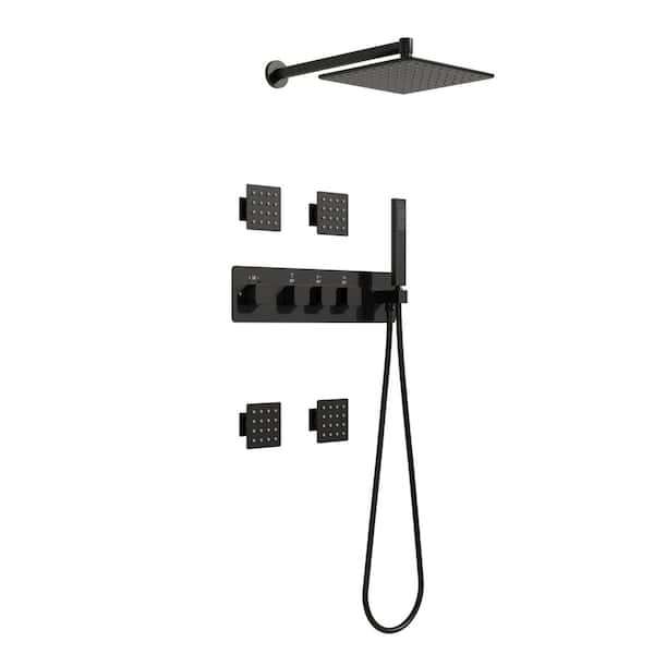4-Spray Shower Faucet 2.5 GPM with Thermostatic Mixing Valve and Body Jet, 3-Function Shower in Matte Black