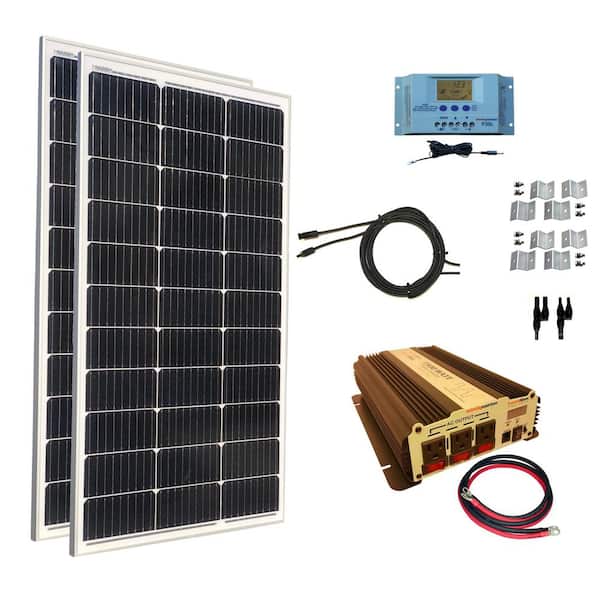 WindyNation 200-Watt Monocrystalline Solar Panel Kit with 30 Amp Solar Charge Controller Plus 1500-Watt Power Inverter