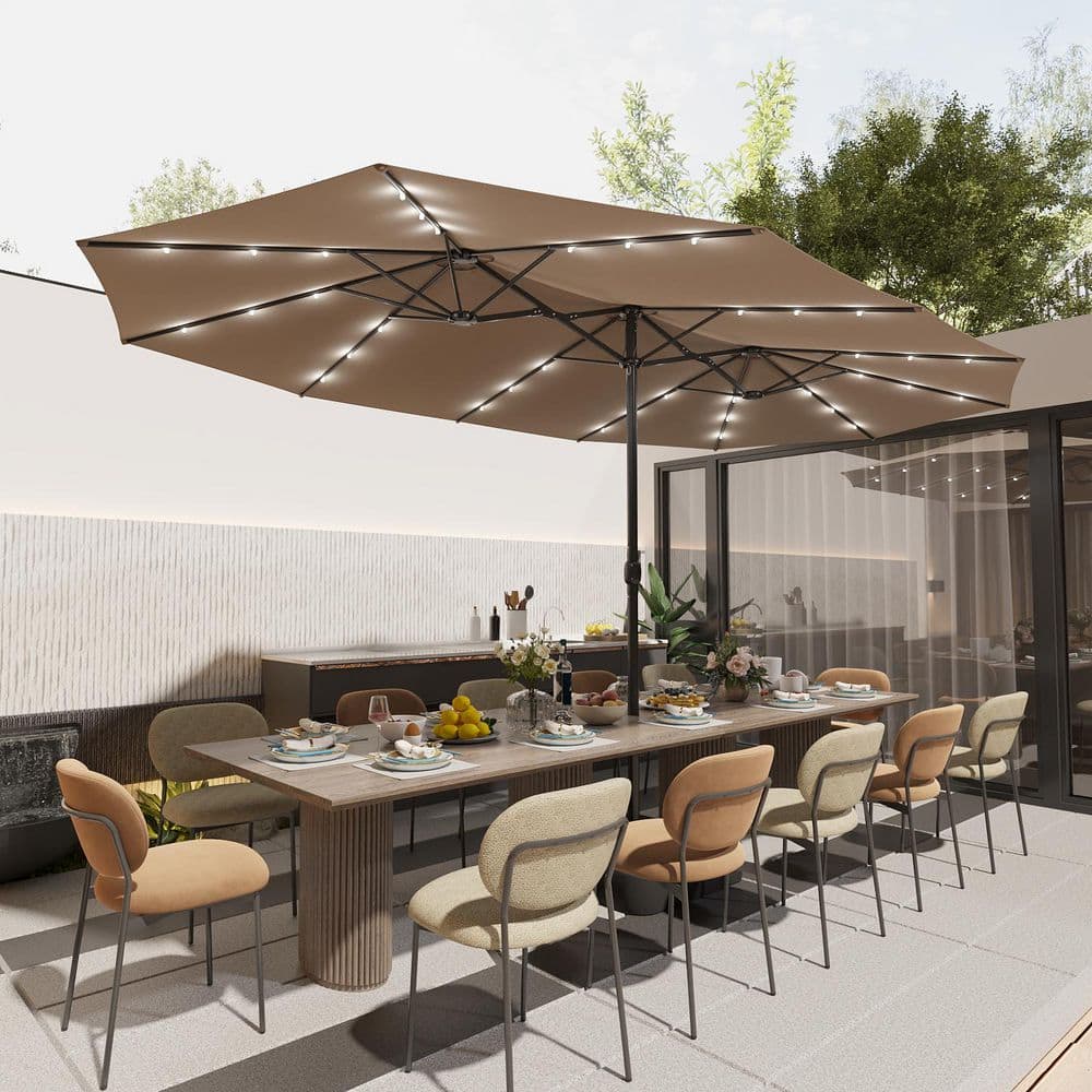 15 ft. Large Patio Umbrella with 36 Solar Lights, Double-Sided Outdoor Beach Umbrella with Base for Garden Lawn in Beige price history on PriceWatchPro