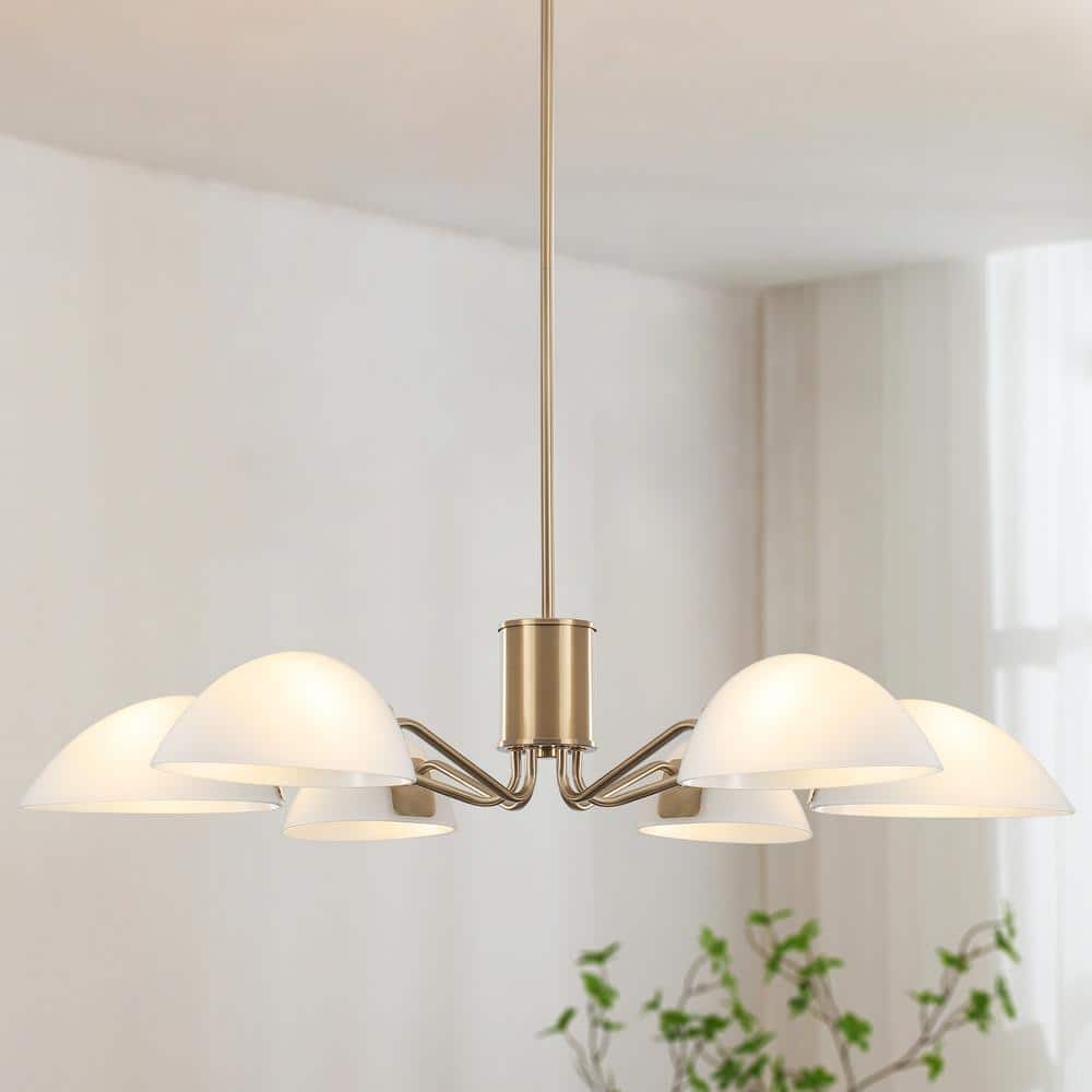 Modern Brass Chandelier with Milk Glass Shades, 6-Light
