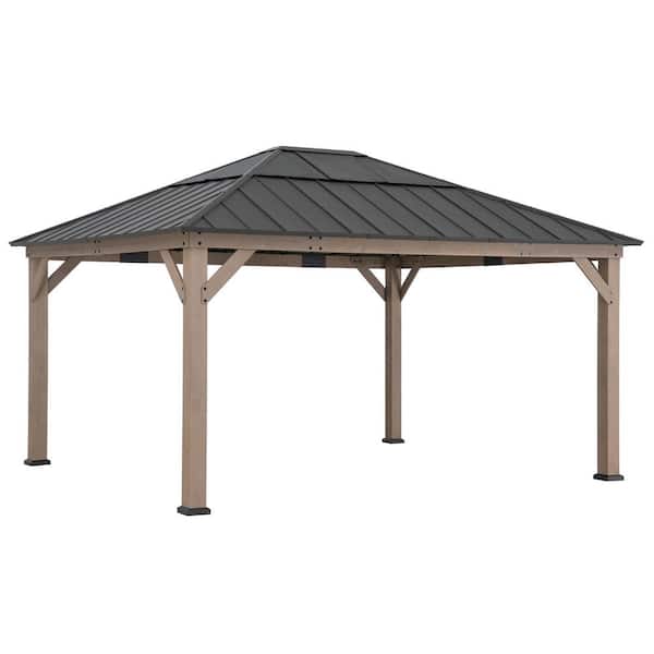 13 ft. x 15 ft. Outdoor Patio Cedar Framed Wood Gazebo with Dark Brown Steel and Polycarbonate Hip Roof and Ceiling Hook
