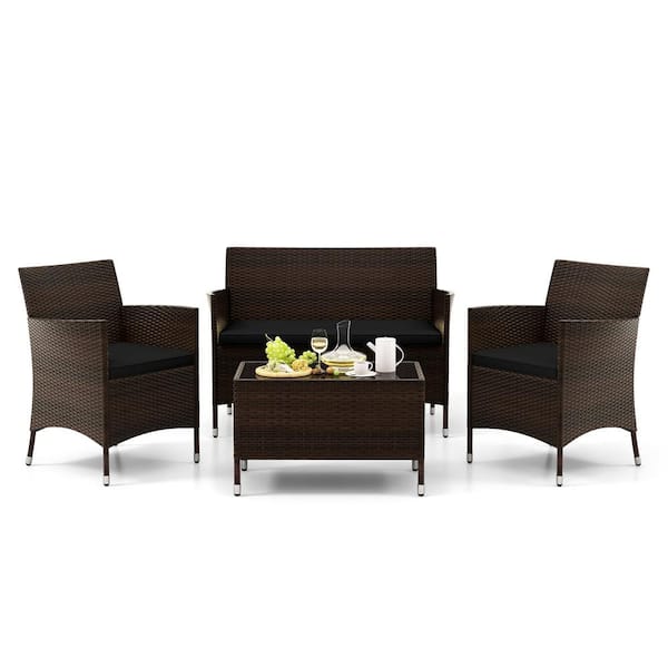 ANGELES HOME 4-Piece PE Rattan Wicker Comfortable Outdoor Patio Conversation Set with Glass Coffee Table and Black Cushions