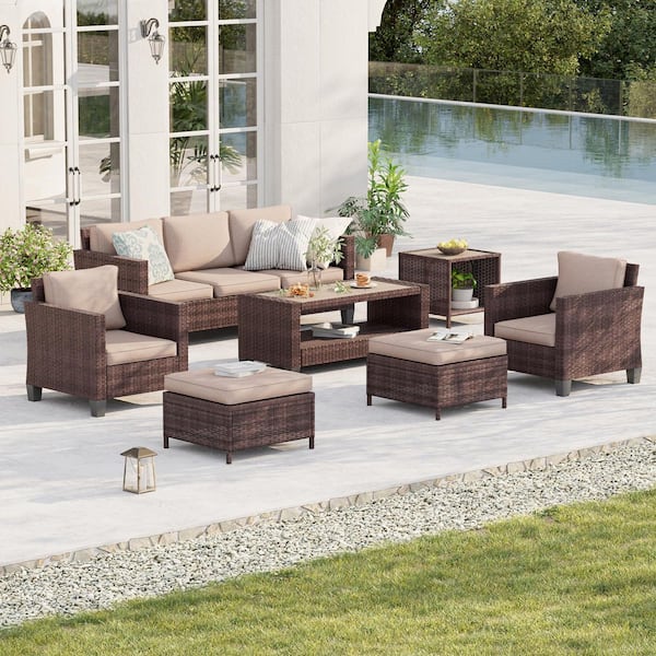 Sonkuki 7-Piece Patio Conversation Set Brown Wicker Outdoor Furniture Set Three-Seat Sofa Thickening Cushions, Sand