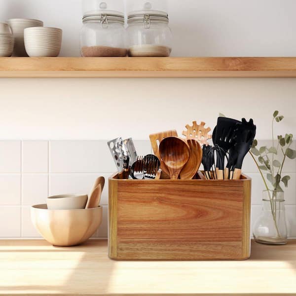 Acacia Wood Kitchen Utensil Holder Organizer with Removable Partition, 3 Compartments, Drying Hole, Wall Mount