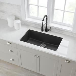 Stonehaven 33 in. Drop-In Single Bowl Black Onyx Granite Composite Kitchen Sink with Stainless Steel Strainer