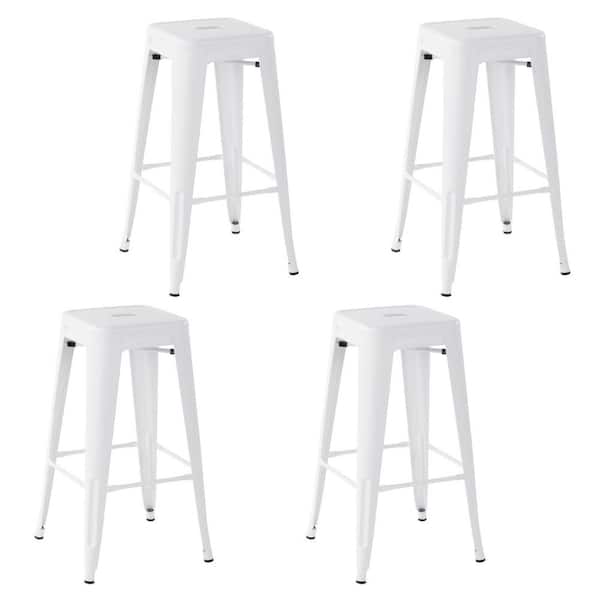Homy Casa Zolnes 29 in. Kitchen Counter Height Matt White Metal Stackable Bar Stools with Square Seat, Indoor Outdoor set of 4