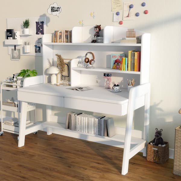 White Kids Study Desk with Storage, Wooden Children's Computer Writing Desk, Modern Kids Desk with Bookshelf and Drawers