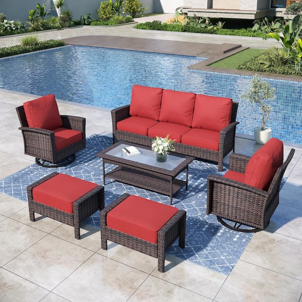 PHI VILLA Black 6-Pieces Metal Patio Conversation Sectional Seating Set with Swivel Sofa Chairs, Glass Top Table and Red Cushions