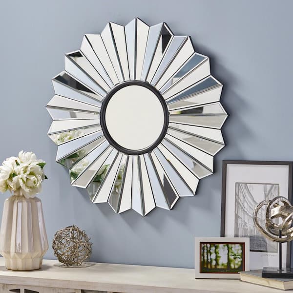 IDEAGLE 31 in. W x 31 in. H Round Silver Wood Frame Wall Mirror, Hanging Decor Mirror, Circle Mirror for Living Room, Bathroom
