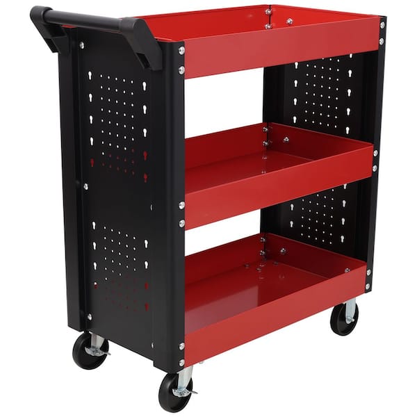Red 220 lbs.Capacity 3-Tiers Heavy Duty Steel Utility Hand Truck with Pegboard for Repair Shop, Garage, Warehouse