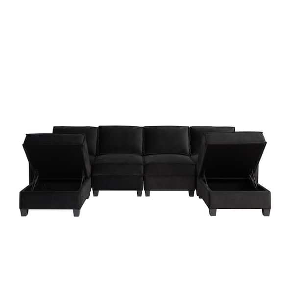 ZIRUWU Sofas 55.1 in. W Square Arm Velvet U-Shaped No Additional Features Sofa in Black