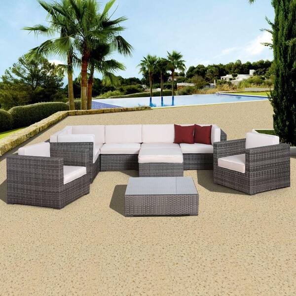Atlantic Contemporary Lifestyle Southampton Grey 9-Piece All-Weather Wicker Patio Seating Set with Off-White Cushion