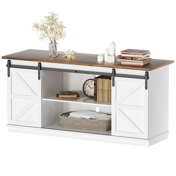 58 in. White Composite TV Stand Living Room Hub Fits TVs up to 65 in. with Sliding Barn Door and Adjustable Cabinets
