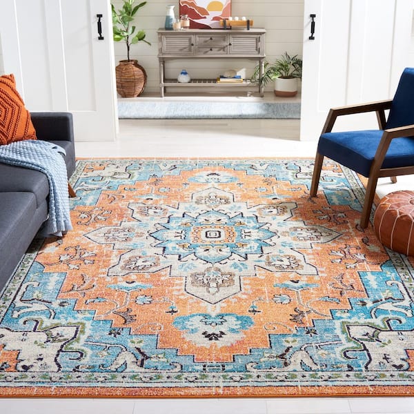 Madison Orange/Teal 8 ft. x 10 ft. Border Geometric Floral Medallion Area Rug